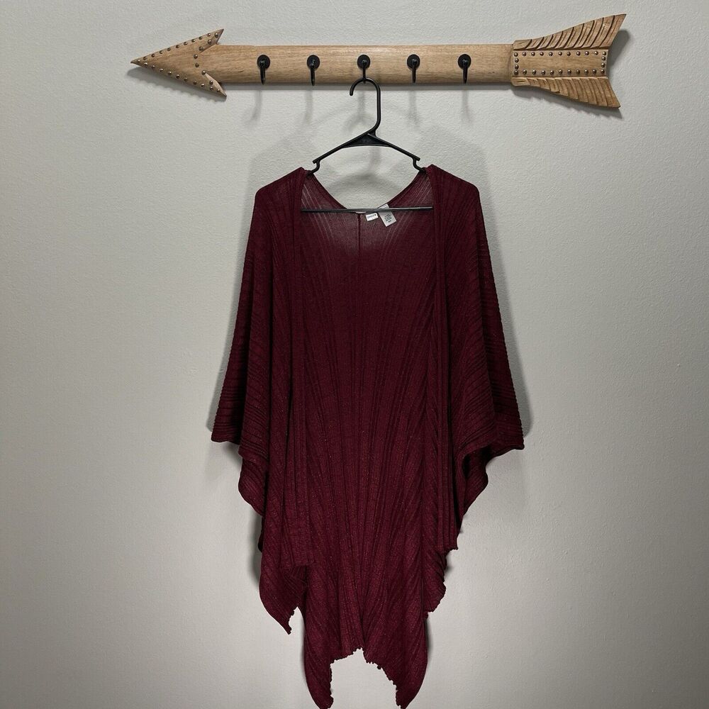 Chicos | Burgundy Maroon Red Textured Stripe Metallic Shawl Wrap Sweater One Sz
